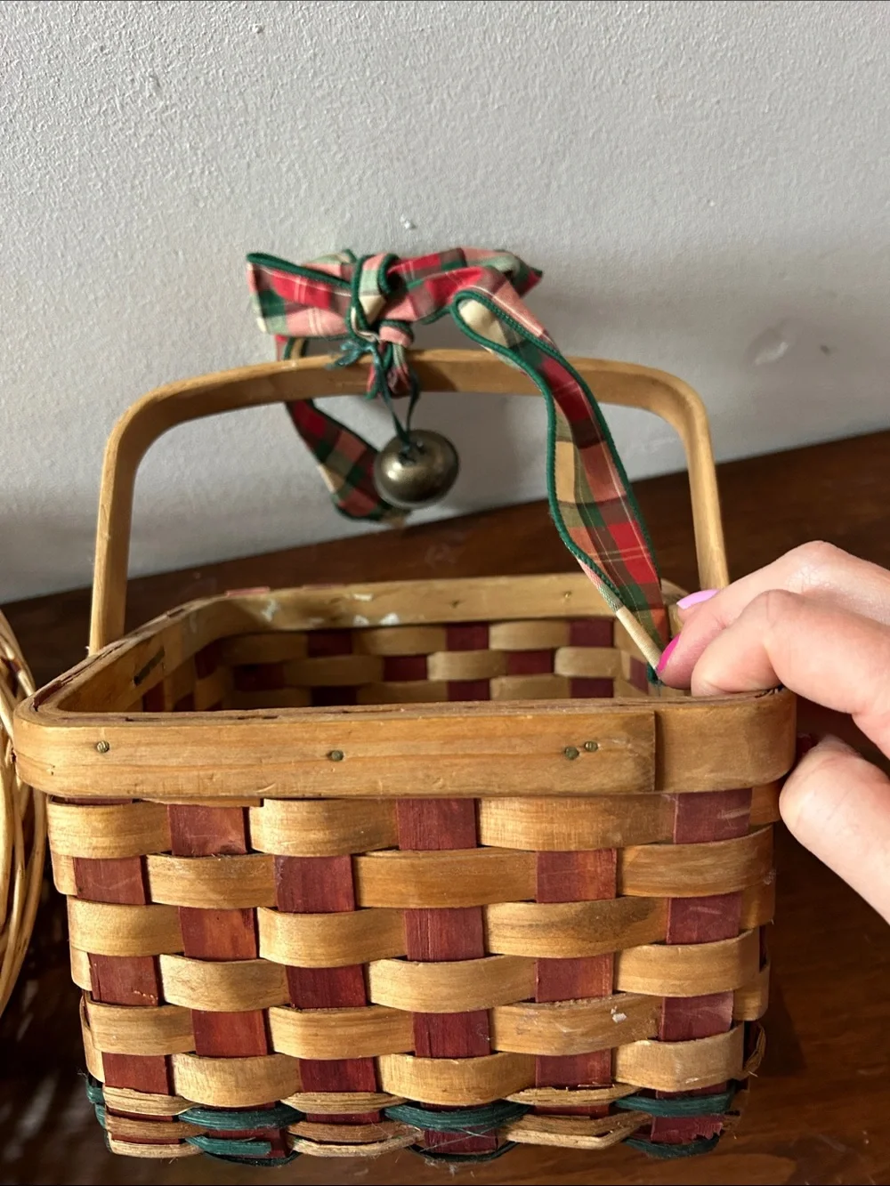 Woven Decorative Basket Set with Red Plaid Ribbon Accent